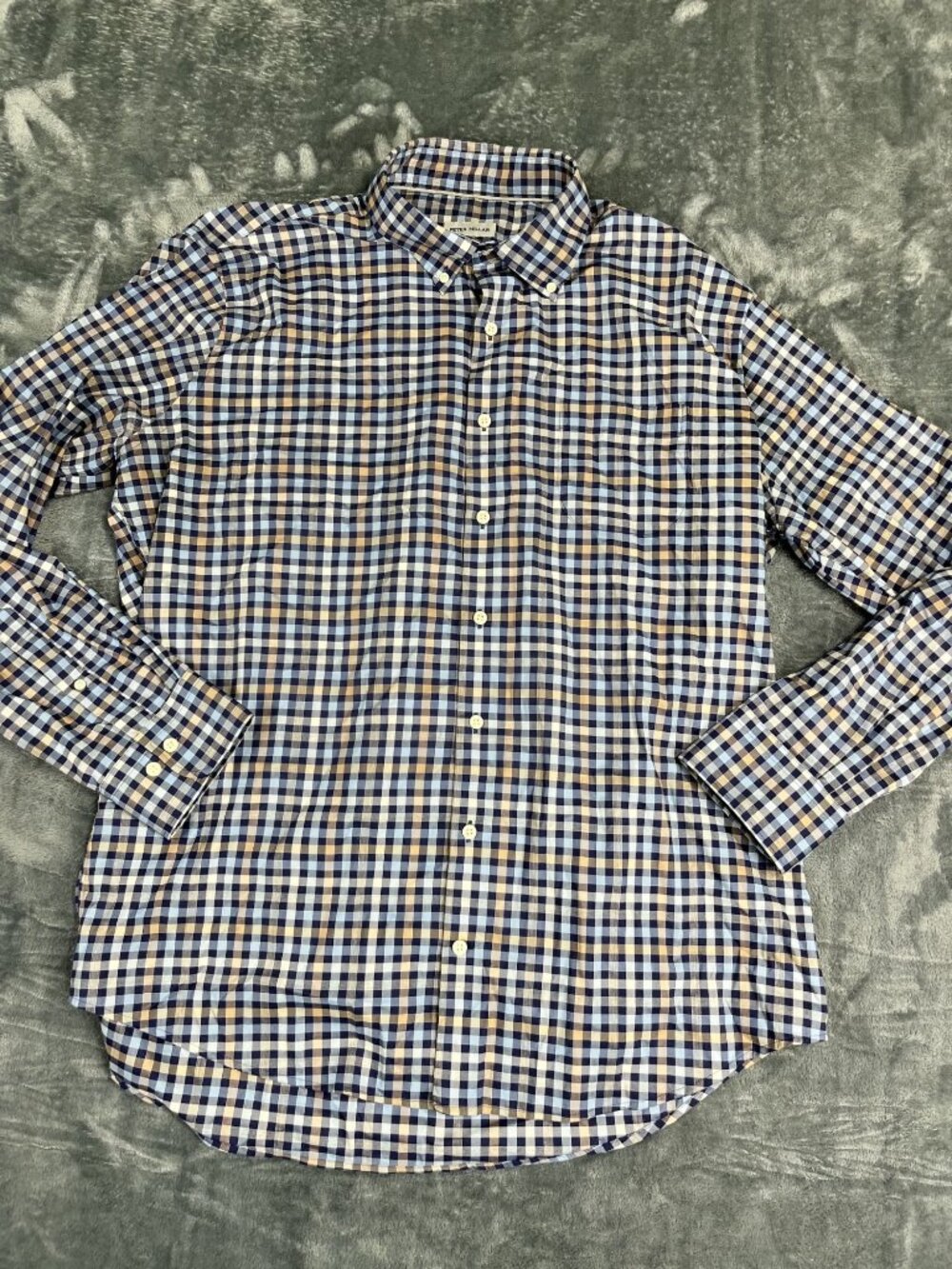 Peter Millar Mens Blue & Brown Gingham Long Sleeve Button-Down Shirt XL